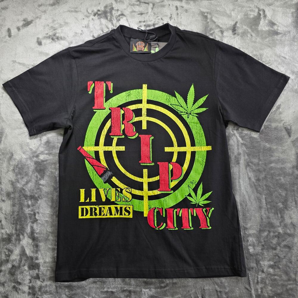 Trip City Rasta Graphic Black T-Shirt Marijuana Leaf Tee Medium